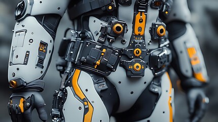 Fototapeta premium Close-up of futuristic robotic exoskeleton with intricate details, showcasing technological advancements.