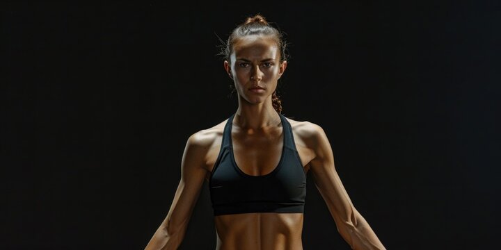A woman posing confidently in her athletic wear, showcasing muscular development and core fitness. She's wearing a sports bra and workout gear, demonstrating the benefits of regular exercise.