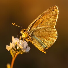 Stunning Golden Butterfly on White Flower at Sunset Glow