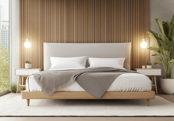 A modern bedroom with light wood paneling, a white bed and headboard, a grey blanket at the end of the bed, wall lighting, a large window, minimalistic design elements