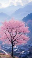 A magnificent and beautiful cherry blossom tree standing alone, with a peaceful and beautiful view of a Japanese village