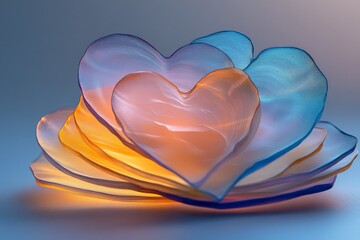 Colorful translucent heart shapes layered together create a soft glowing display in artistic arrangement