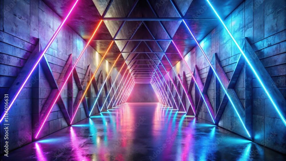 Poster neon lights illuminate a futuristic corridor with an intricate network of triangular beams, reflecti