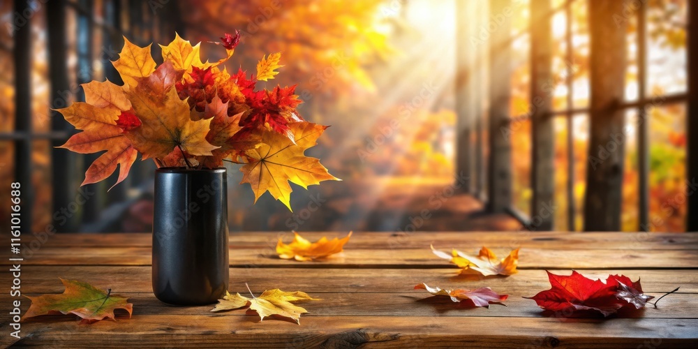 Aufkleber autumn leaves in a vase on a wooden table with a view of a blurry fall foliage background