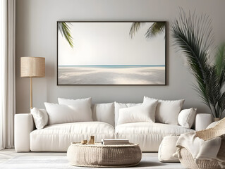 Frame mockup, ISO A paper size. Living room wall poster mockup. Interior mockup with house background. Modern interior design. 3D render