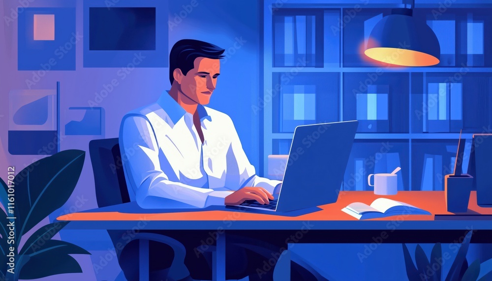 Poster man working in office using a laptop computer. he is a businessman sitting at his desk, focusing on 