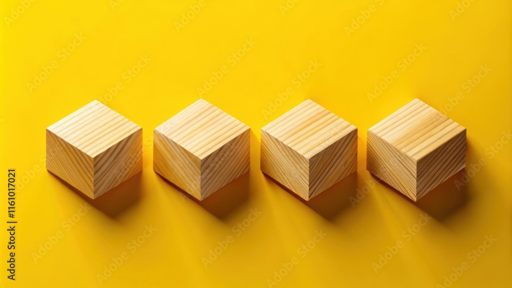 Aufkleber four wooden blocks on a yellow background, a simple geometric arrangement highlighting texture and s