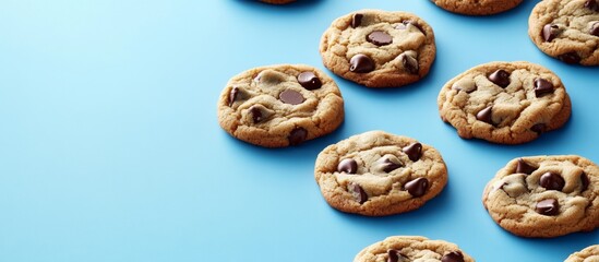 Packaged white chocolate chip cookies on a blue background, top view with space for text