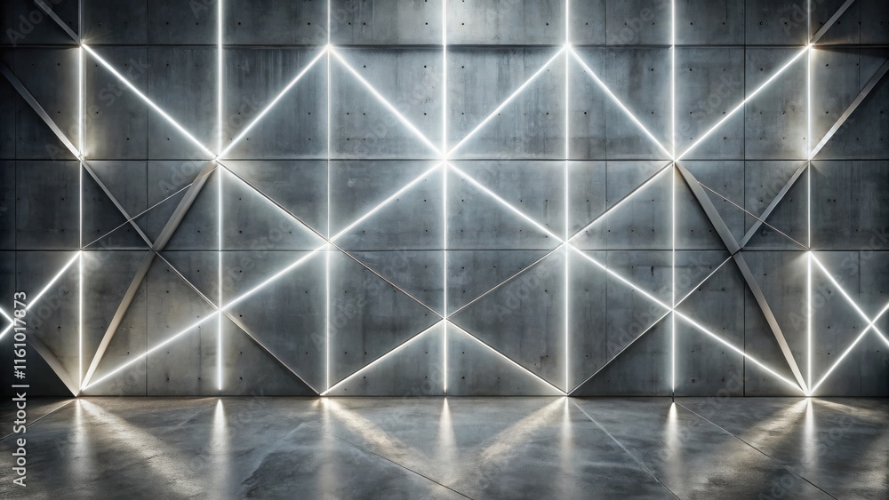 Poster a concrete wall with a geometric pattern of glowing lines, creating an abstract and modern design.