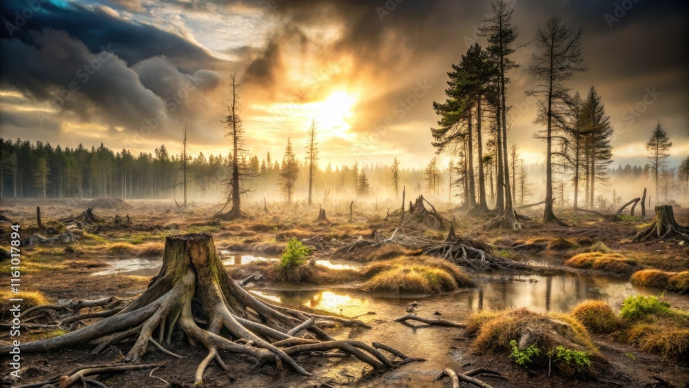 Poster a forest clearing bathed in golden sunlight and mist, revealing a network of exposed tree roots and 