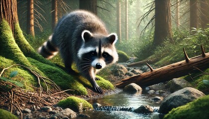 Obraz premium A realistic image of a raccoon searching for food near a forest stream, emphasizing its curious expression.