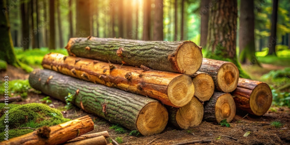 Poster sunlight filters through a dense forest canopy, illuminating a stack of freshly cut logs, their bark
