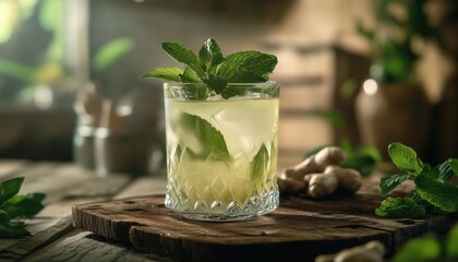 Refreshing Detox Drink: Mint Lemonade Infused With Ginger, Served On A Wooden Table With Space For Text. Hydrating And Healthy Beverage.