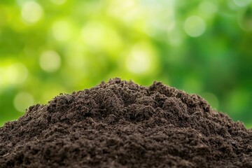 Rich brown soil mound against blurred green background, symboliz