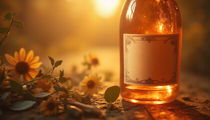Beautiful wine bottle with a blank label surrounded by sunflowers in a sunset setting
