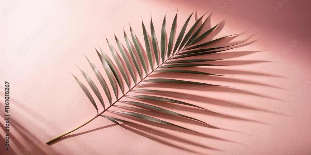 Poster a single palm frond casts a long shadow on a soft pink background, creating a minimalist and elegant