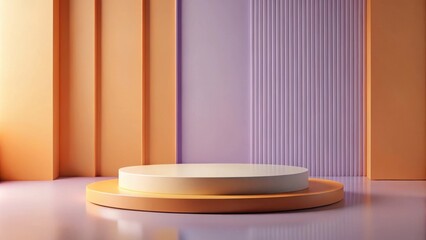 Minimalist Product Display Featuring a Two-Tiered Cylindrical Platform Set Against a Wall of Vertical Stripes in Warm and Cool Tones