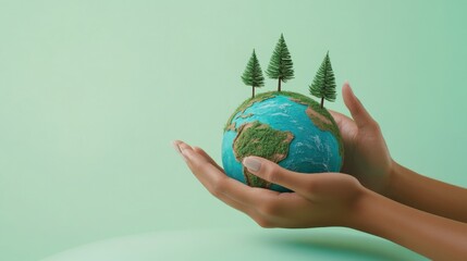 Protecting Our Planet: Hands Gently Holding a Miniature Earth with Lush Greenery