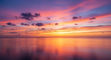 Obraz premium Vibrant serene sunset over calm water with scattered clouds, concept for travel brochure, nature photography and relaxation getaway