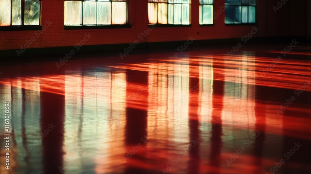 Poster sunlight reflecting on a glossy red floor in an industrial building with large windows.