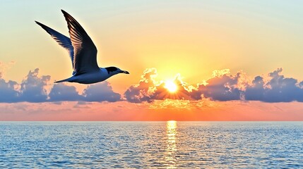 silhouette of a bird in mid-flight against a backdrop of a bright sunrise over the ocean, capturing the idea of liberation and new beginnings. Clean space at the top for text. [Bird]:[Freedom] 