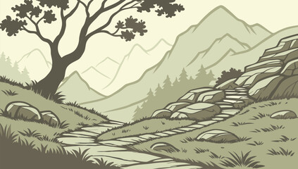 Vector illustration of landscape with mountain and tress, nature vector illustration 