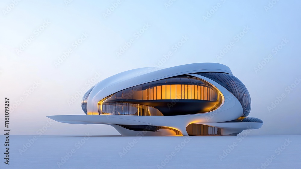 Poster futuristic architectural design with smooth curves and glowing elements.