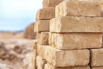 Stacked bricks showcase natural textures and earthy tones agains