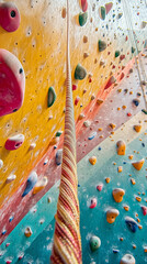Climbing rope hanging on a colorful indoor bouldering wall, showcasing dynamic climbing gym environment