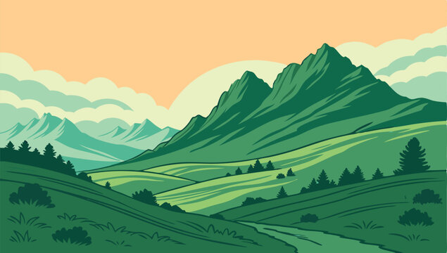 Flat landscape Vector illustration with green Mountain Peaks. landscape Vector illustration