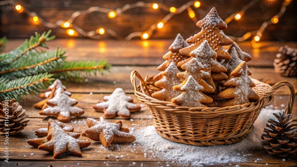 Poster Gingerbread cookies shaped like Christmas trees dusted with powdered sugar in a wicker basket on a rustic wooden table with pine branches and pine cones
