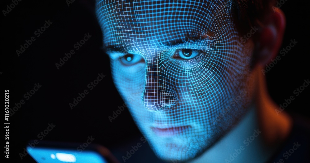 Poster digital face scan concept with male model and smartphone display