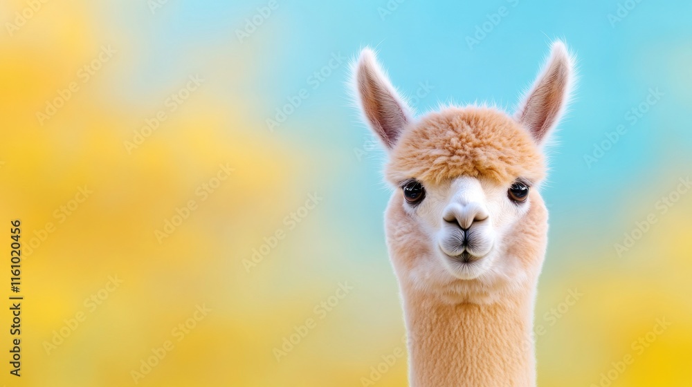 Poster a close-up of a llama with a soft expression against a colorful backdrop.
