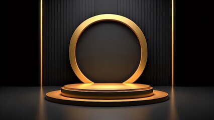 Abstract gold and black platform with circle frame.