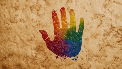 Stop Homophobia: A Handprint With The Colors Of The Rainbow Flag On A Beige Background - Promoting Acceptance And Equality.