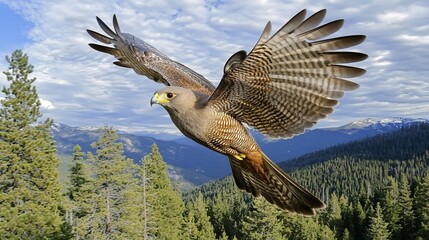 Fototapeta premium bird flying over an expansive forest, its wings spread wide, blending into the horizon where trees meet the sky, representing freedom in nature. Clear background for text overlay. [Bird]:[Freedom] 