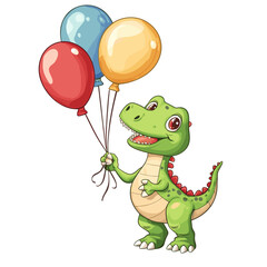 Fototapeta premium Cute dinosaur character holding colorful balloons, perfect for children's celebrations and parties