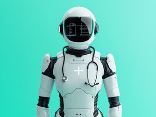 Fototapeta premium Futuristic Robot Doctor with a Medical Stethoscope on a Green Background