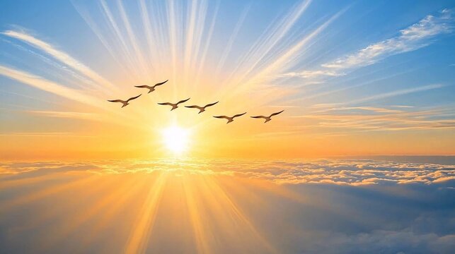 flock of birds in the sky, overlaid with an image of sunrise, representing new beginnings and freedom. | [Bird]:[Freedom] 
