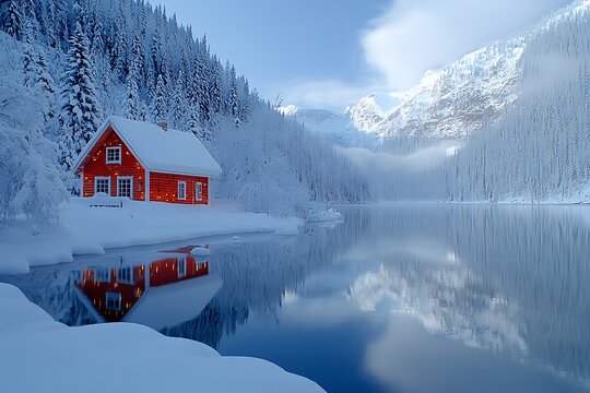 Red cabin nestled in a snowy winter wonderland