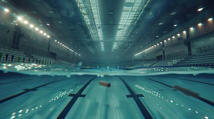 Underwater view of a swimming pool with lane markers and lights.