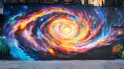Cosmic Spiral Mural: A Vibrant Galaxy on Brick