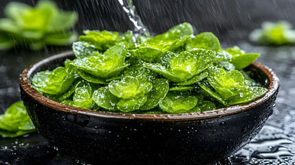 Jade Plantlets, Rain, Bowl, Realistic Image