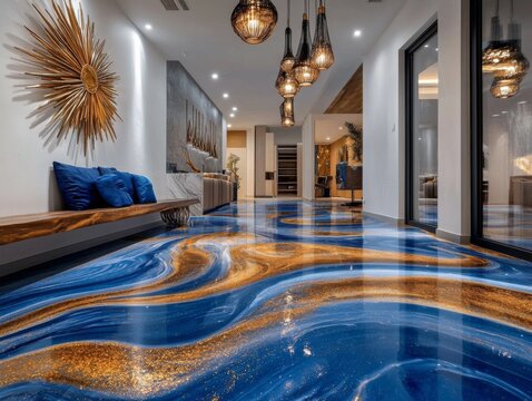 Luxurious interior with marbled epoxy flooring, swirling patterns, metallic accents, organic-industrial blend, and high-end modern aesthetic - Powered by Adobe