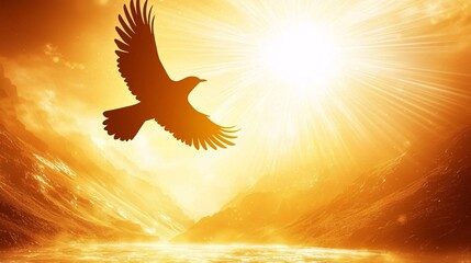 of a bird soaring over a valley, integrated with an image of sunlight, symbolizing the warmth of freedom. | [Bird]:[Freedom] 