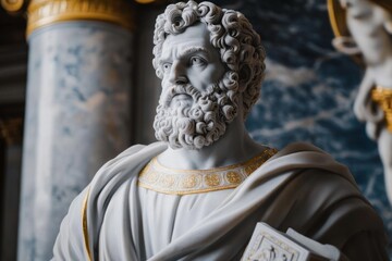 Obraz premium Majestic Marble Statue of Ancient Greek Philosopher Embodying Stoicism with Golden Accents - Fine Art Sculpture Photography