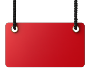 A minimalist red label with a matching black string, featuring a clean design and crisp edges, isolated on a transparent background for various uses