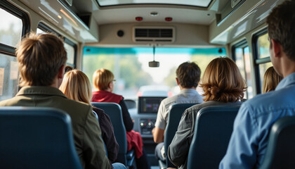 Fototapeta premium Passengers relaxing in bus interior under urban light, public transport comfort