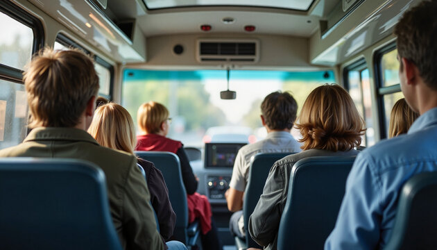 Passengers relaxing in bus interior under urban light, public transport comfort