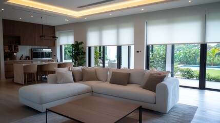 Fototapeta premium Smart home interiors blend technology with functionality. Modern living room with a spacious white sofa and large windows.